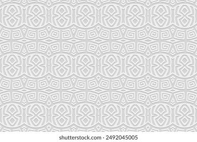 Embossed white background, cover design, banner. Geometric Greek 3D pattern, meander. Ethnic ornaments, arabesques, mandala. Vintage, handmade. Traditions of the East, Asia, India, Mexico, Aztec, Peru