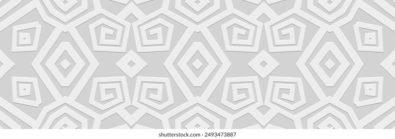 Embossed white background, cover design, banner. Geometric Greek key 3D pattern, decorative ancient meander. Ethnic ornaments. Traditions of the East, Asia, India, Mexico, Aztec, Peru, Greece.
