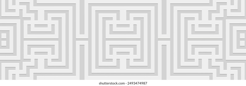 Embossed white background, cover design, banner. Geometric Greek key 3D pattern, original ancient meander. Ethnic ornaments. Traditions of the East, Asia, India, Mexico, Aztec, Peru, Greece.