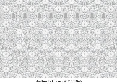 Embossed white background design, abstract banner with geometric volumetric convex ethnic 3D pattern. Vintage oriental, Indian, Mexican, Aztec style, doodling technique, art deco.