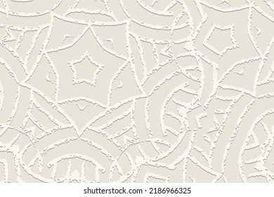 Antecedentes blancos embosados, diseño de portada étnica. Patrón 3D geométrico abstracto, ornamentos de garabato. Arte artesanal tribal del Este, Asia, India, México, Aztecas, Perú.
