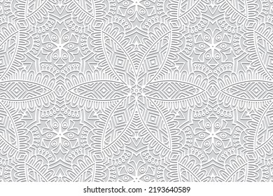 Embossed white background, ethnic cover design. Geometric floral 3D pattern, hand drawn, tribal doodling texture. Folk traditional ornaments of the East, Asia, India, Mexico, Aztecs, Peru.