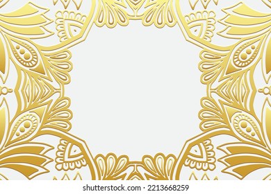 Fondo blanco emboscado, diseño de portada étnica, espacio para texto. Patrón geométrico dorado 3D, papel de prensa, estilo boho con elementos hechos a mano. Ornamentos tribales de Oriente, Asia, India, México, Aztecas.
