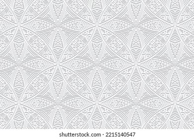 Embossed white background, ethnic cover design. Press paper, boho style with handmade elements. Tribal geometric exotic 3d pattern of East, Asia, India, Mexico, Aztecs, Peru.