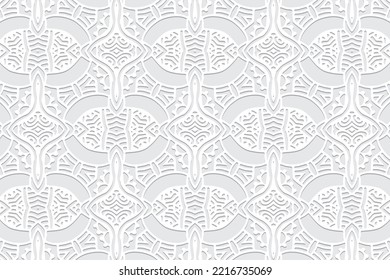 Embossed white background, ethnic cover design. Press paper, boho style with handmade elements. Tribal geometric 3d pattern, elegant texture of East, Asia, India, Mexico, Aztec, Peru.