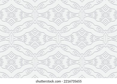 Embossed white background, ethnic cover design. Press paper, boho style with handmade elements. Tribal geometric 3d pattern, decorative texture of East, Asia, India, Mexico, Aztec, Peru.