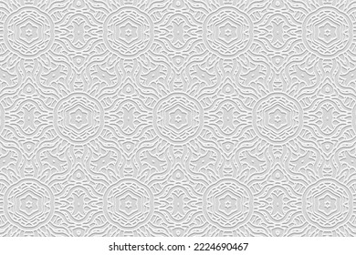 Embossed white background, ethnic cover design. Press paper, boho style, doodle and zentangle technique. Tribal geometric decorative 3d pattern. Motives of the East, Asia, India, Mexico, Aztecs, Peru.