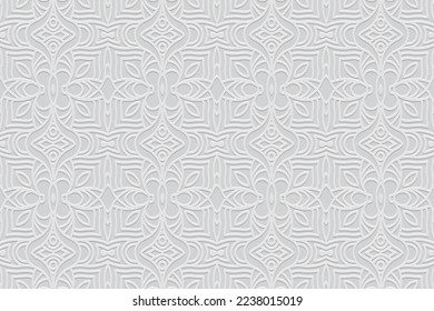 Embossed white background, ethnic cover design. Press paper, boho style. Geometric 3d pattern. Artistic tribal themes of East, Asia, India, Mexico, Aztecs, Peru with hand drawn elements.