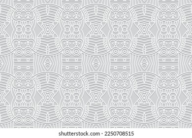Antecedentes blancos embosados, diseño de portada étnica. Prensa, estilo boho. Patrón 3D de apertura geométrica real. Motivos ornamentales tribales de Oriente, Asia, India, México, Aztecas, Perú.