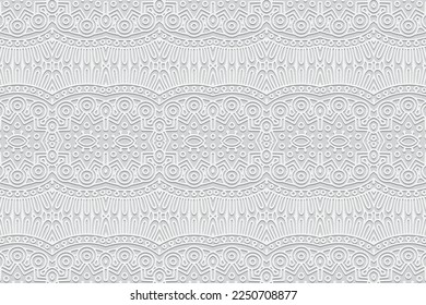 Embossed white background, ethnic cover design. Press paper, boho style. Geometric trendy openwork 3d pattern. Tribal ornamental motifs of the East, Asia, India, Mexico, Aztecs, Peru.