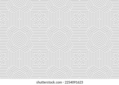 Embossed white background, ethnic cover design. Geometric 3D pattern, press paper. Boho style, art deco, modern. Tribal artistic textures of the peoples of the East, Asia, India, Mexico, Aztecs, Peru.