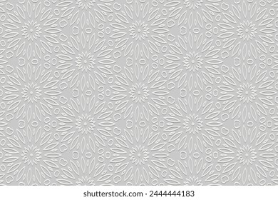 Embossed white background, ethnic cover design. Geometric floral 3D pattern, handmade, doodling, boho. Vintage exoticism of the East, Asia, India, Mexico, Aztec, Peru.