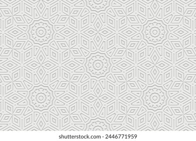 Embossed white background, ethnic cover design. Geometric elegant 3D pattern. Tribal handmade style, doodling, boho. Ornamental vintage exoticism of the East, Asia, India, Mexico, Aztec, Peru.