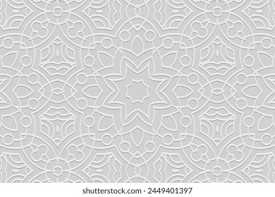 Embossed white background, ethnic cover design. Geometric elegant 3D pattern. Tribal handmade style, doodling, art deco. Ornamental boho exoticism of the East, Asia, India, Mexico, Aztec, Peru.