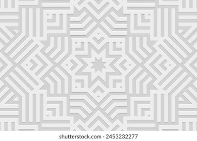 Embossed white background, ethnic cover design. Geometric ornamental elegant 3D pattern. Handmade tribal style. Original boho motifs of the East, Asia, India, Mexico, Aztec, Peru.