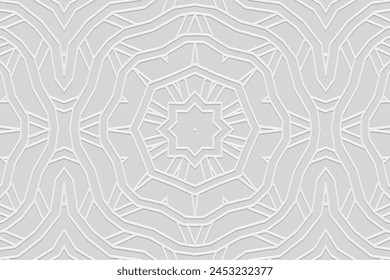 Embossed white background, ethnic cover design. Geometric ornamental minimalist 3D pattern. Handmade tribal style. Original boho motifs of the East, Asia, India, Mexico, Aztec, Peru.
