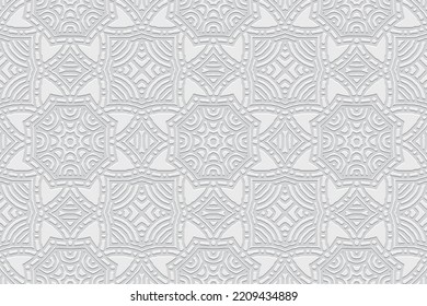 Embossed white background, ethnic original cover design. Geometric 3D pattern, press paper, boho style. Tribal handmade ornamental themes of East, Asia, India, Mexico, Aztecs, Peru.