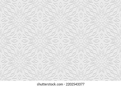 Embossed white background, ethnic trendy floral cover design. Geometric 3D pattern, press paper, boho style. Tribal ornamental themes of the East, Asia, India, Mexico, Aztecs, Peru.