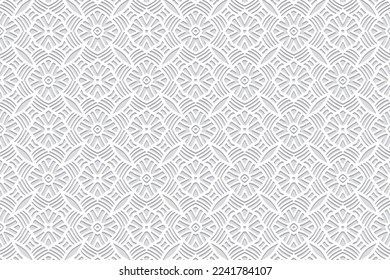 Embossed white background with handmade elements, ethnic cover design. Press paper, boho style. Geometric original 3d pattern. Tribal themes of the East, Asia, India, Mexico, Aztecs, Peru.