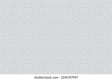 Embossed white background, handmade elements, ethnic cover design. Press paper, boho style. Geometric tribal unique 3d pattern. Traditions of the peoples of the East, Asia, India, Mexico, Aztecs, Peru