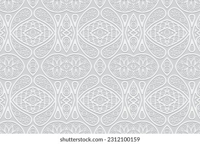 Embossed white background, luxury cover design. Geometric 3D pattern, press paper, leather. Boho, handmade. Tribal texture, ornamental unique ethnicity of East, Asia, India, Mexico, Aztec, Peru.