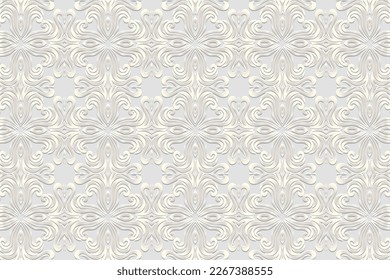Fondo blanco con relieve, diseño de cubierta satinada. Patrón geométrico 3D, papel de prensa, cuero. Ornamentos hechos a mano Este, Asia, India, México, Aztecas, Perú. Motivos de boho étnico, arte deco.