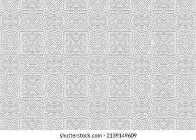 Embossed white background, trendy vintage cover design. Geometric elegant 3D pattern, ornamental texture. Ethnic creativity of the peoples of the East, Asia, India, Mexico, Aztecs, Peru.