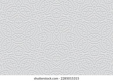 Eingegossener weißer Hintergrund, Design der Stammandeckung. Geometrisches 3D-Muster, Presspapier, Leder. Boho, handgemacht. Ethnische Motive der Länder Ost, Asien, Indien, Mexiko, Azteken, Peru.