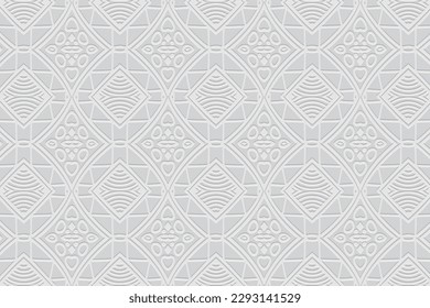 Embossed white background, tribal cover design. Geometric abstract 3D pattern, press paper, leather. Boho, handmade. Dudling, zentangle. Ethnic ornaments of the East, Asia, India, Mexico, Aztecs, Peru
