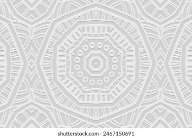 Fondo blanco en relieve, diseño de la cubierta tribal, estilo boho. Patrón 3D creativo vintage geométrico. Mandala étnica, ornamentos, arabescos, hecho a mano Este, Asia, India, México, Azteca, Perú.
