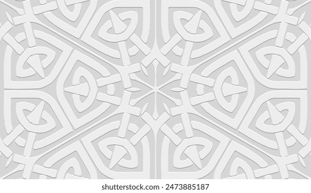 Geprägter weißer Hintergrund, Tribal Cover Design. Geometrisches abstraktes 3D-Muster, Visitenkarte. Ethnische Ornamente, handgefertigt, Boho-Motive aus dem Osten, Asien, Indien, Mexiko, Azteken, Peru.