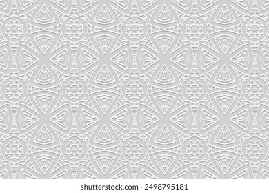 Embossed white background, tribal cover design, banner. Geometric abstract 3D pattern. Ethnic exotic ornaments, arabesques, mandala, handmade. Traditions of the East, Asia, India, Mexico, Aztec, Peru.