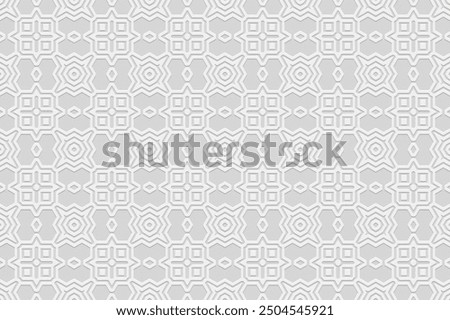Embossed white background, tribal cover design, banner. Geometric abstract 3D pattern, embossing. Ethnic Ornaments, handmade. Decorative ethnic group of the East, Asia, India, Mexico, Aztec, Peru.