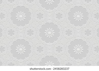 Embossed white background, tribal vintage cover design. Geometric floral 3D pattern. Handmade, doodling, ornaments. Ethnic style, traditions of the East, Asia, India, Mexico, Aztec, Peru.