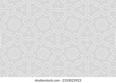 Embossed white background, vintage cover design. Geometric ornamental 3D pattern, press paper, leather. Boho, handmade. Tribal color, original ethnos of the East, Asia, India, Mexico, Aztec, Peru.