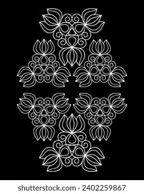 embossed white floral pattern on a black background. an intricate ornament. reflection. beautiful embroidery. template. tattoo. henna.