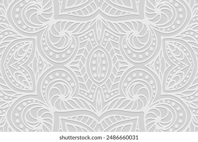 Embossed white lace background, cover design, banner. Geometric tribal 3D pattern. Ethnic ornaments, arabesques, mandala. Handmade exotic. Motifs of the East, Asia, India, Mexico, Aztec, Peru.