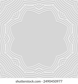 Embossed white lorem background, cover design, banner, logo. Place for text. Geometric tribal 3D pattern. Ethnic ornaments, mandala, handmade. Traditions of the East, Asia, India, Mexico, Aztec, Peru.