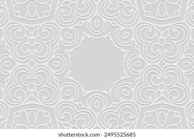 Embossed white lorem background, cover design, banner, logo. Place for text. Geometric 3D pattern. Tribal ornaments, mandala. Ethnic traditions of the East, Asia, India, Mexico, Aztec, Peru.
