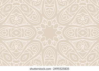 Embossed white lorem background, cover design, banner, logo. Place for text. Geometric original 3D pattern. Tribal ornaments, mandala. Ethnic traditions of the East, Asia, India, Mexico, Aztec, Peru.