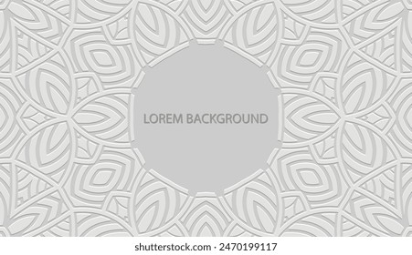 Embossed white lorem background, tribal cover design. Geometric artistic 3D pattern, boho motifs, business card. Ethnic ornaments, handmade. Traditions of the East, Asia, India, Mexico, Aztec, Peru.