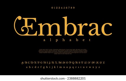Embrac premium luxury elegant alphabet letters and numbers. Elegant wedding typography classic serif font decorative vintage retro. Creative vector illustration