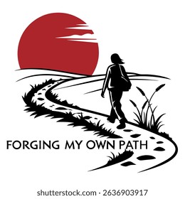 Embrace adventure with this stylish t-shirt featuring a lone hiker against a vibrant sunset backdrop. The quote "Forging My Own Path" inspires individuality and outdoor exploration. Perfect for nature