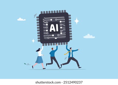 Embrace AI, Artificial Intelligence adoption, user or people who use AI to help and support work success, innovation or revolution to change business concept, business people carry AI processing chip.