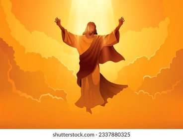 Embrace the ascension day of jesus christ with this powerful biblical vector illustration, witness the iconic image of jesus christ raising his hands in divine glory