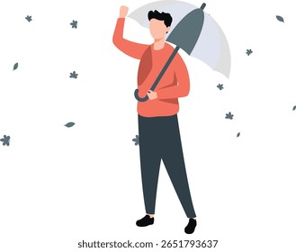 Ao abraçar a melodia do outono, um menino segura seu guarda-chuva, sentindo-se sereno e contente em meio a folhas caindo.