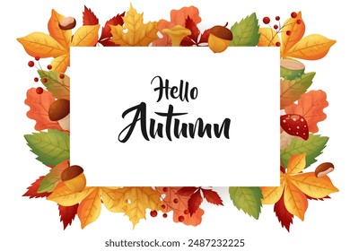 Embrace the beauty of fall with this stunning "Hello Autumn" poster, featuring vibrant autumn leaves, acorns, mushrooms, and berries.