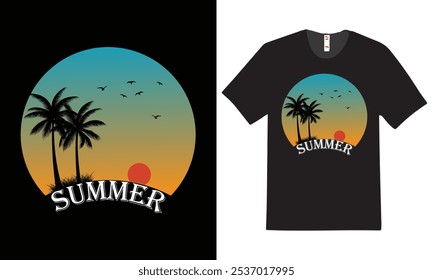 Embrace the beauty of twilight with our stunning sunset t-shirt! Featuring a vibrant gradient of oranges and purples, along with silhouetted palm trees, 