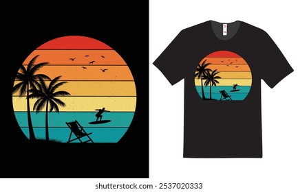 Embrace the beauty of twilight with our stunning sunset t-shirt! Featuring a vibrant gradient of oranges and purples, along with silhouetted palm trees, 