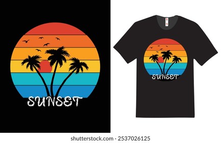 Embrace the beauty of twilight with our stunning sunset t-shirt! Featuring a vibrant gradient of oranges and purples, along with silhouetted palm trees, 